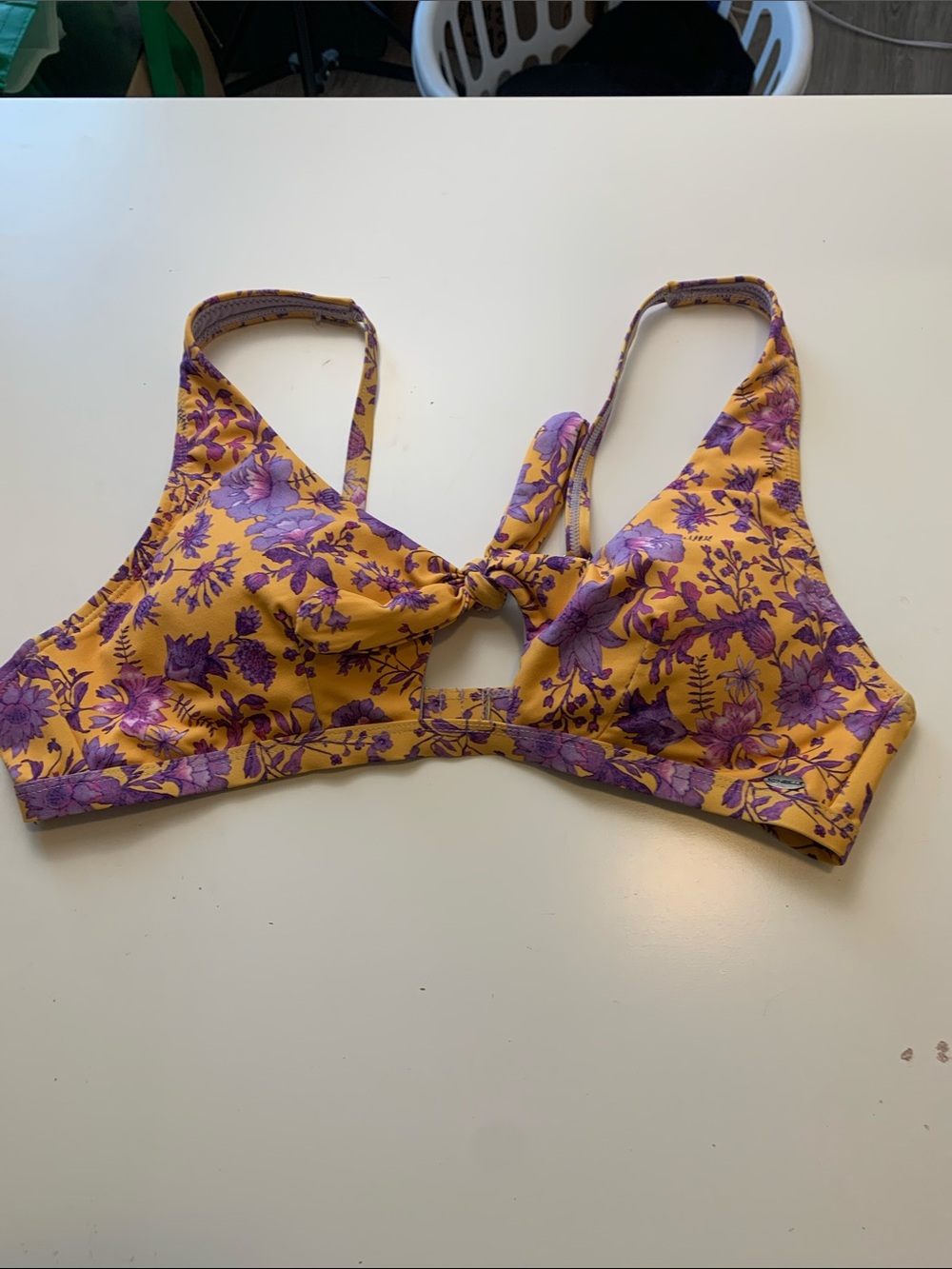 O'Neill Yellow Bikini Top w Purple Floral Print and Front Knot